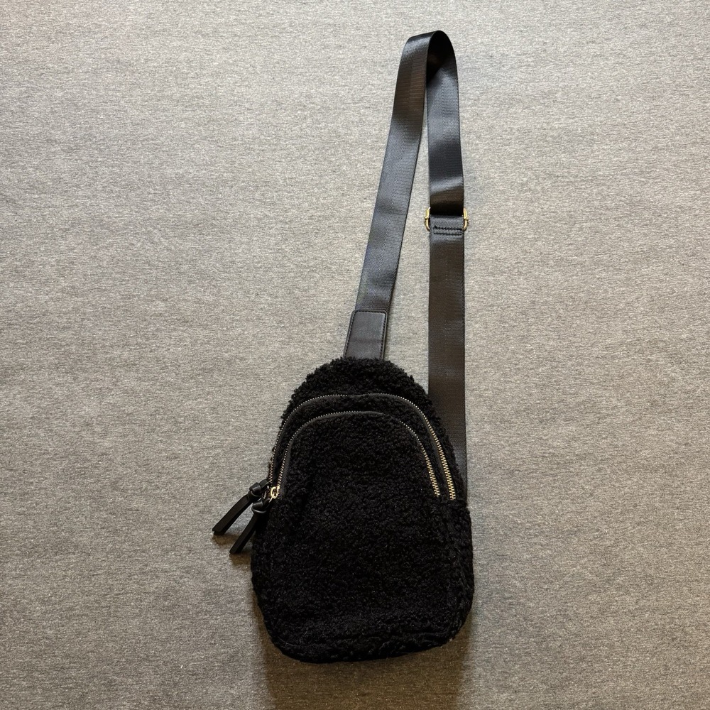 Ahdorned Black Gold Plush Sherpa Teddy Fuzz Sling Crossbody Adjustable Strap Bag